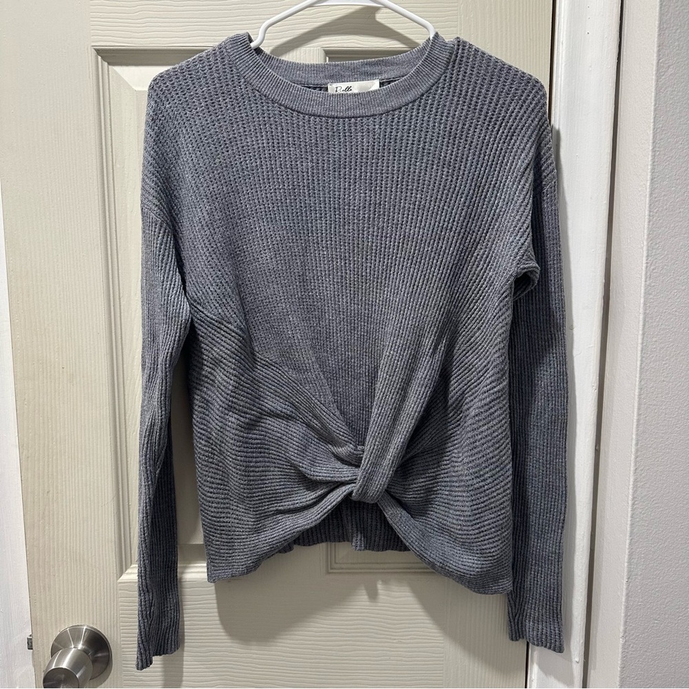 Rielle Crew Neck Gray Knit Sweater Front Knot Ribbed Cozy Minimalist Casual EUC
